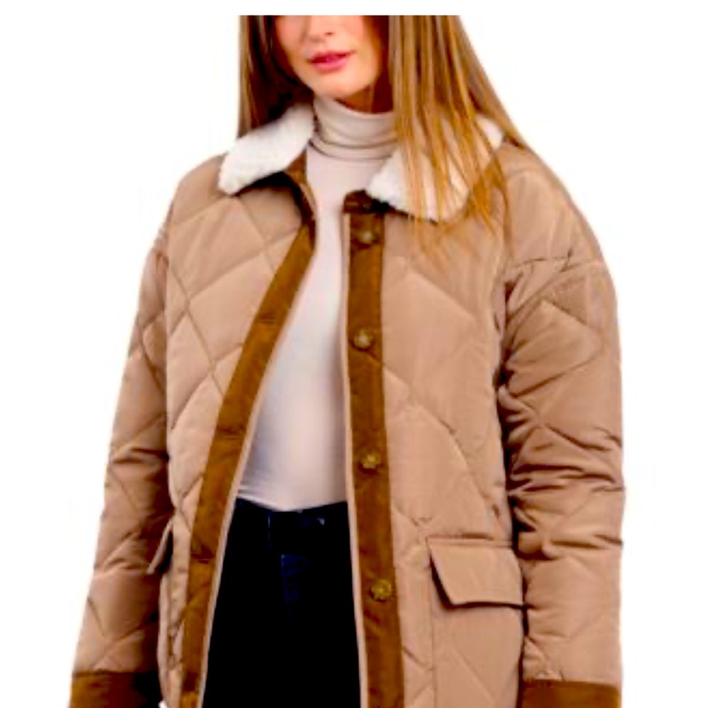Lucky Brand Oversize Faux Shearling Collar Quilted Coat